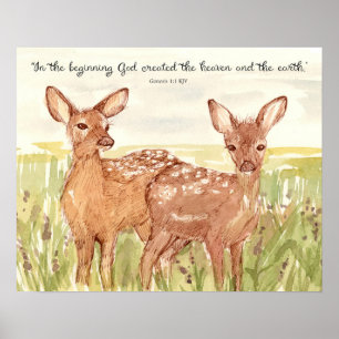 Deer Fawn Scripture Genesis God Created Heaven Poster
