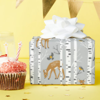 Deer Fawns White Birch Forest Birds Gift Wrapping Paper