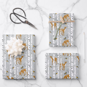 Deer Fawns White Birch Forest Birds Gift Wrapping Paper Sheet
