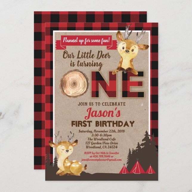Deer first birthday lumberjack party red flannel invitation (Front/Back)
