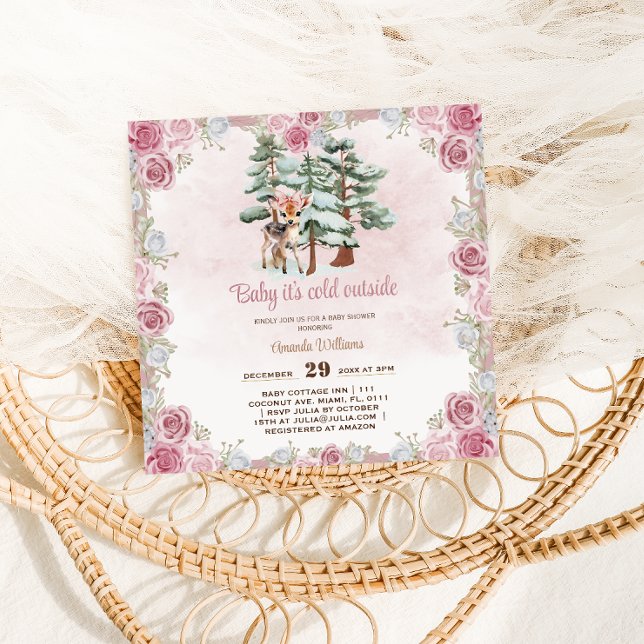 Deer Floral Cute Baby Girl Shower  Invitation (Creator Uploaded)