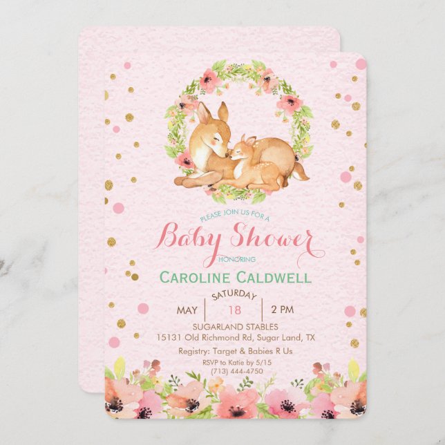 Deer Floral Watercolor Baby Shower Invitation (Front/Back)
