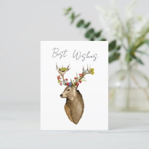 Deer flowers elegant simple botanical watercolor postcard