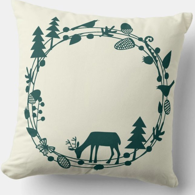 Deer Forest Circle Cushion (Deer in the Forest green and cream pillow)