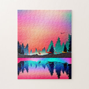 Deer forest woodland mountain aurora borealis jigsaw puzzle