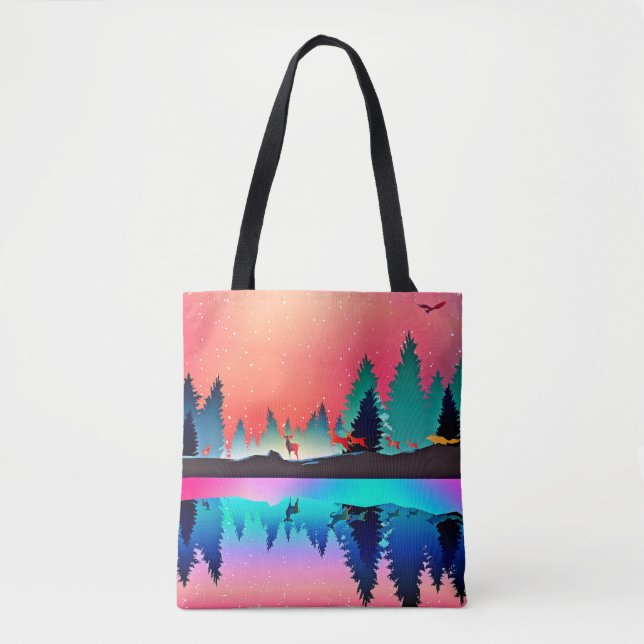 Deer forest woodland mountain aurora colourful  tote bag (Front)