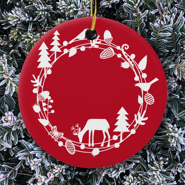 Deer Forest Wreath Ceramic Tree Decoration (Scandinavian red and white forest wreath ornament)