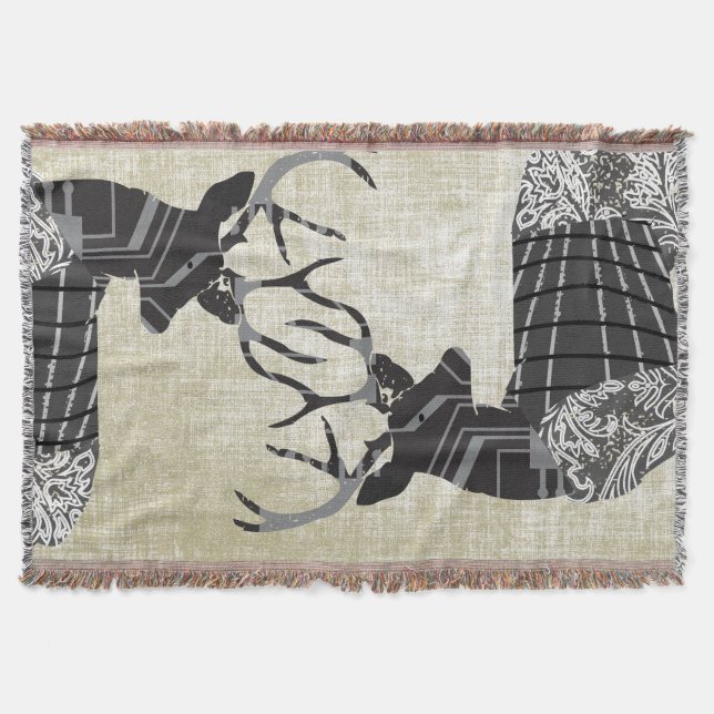 Deer Geometric and Floral Abstract Pattern Throw Blanket (Front)