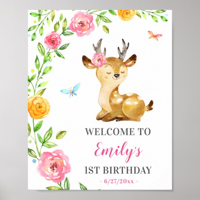 Deer Girl First Birthday Colourful Animal Welcome Poster (Front)
