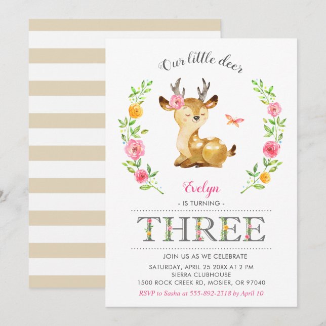 Deer Girl Woodland Floral Kids 3rd Third Birthday Invitation (Front/Back)