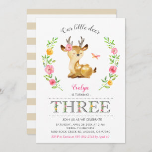 Deer Girl Woodland Floral Kids 3rd Third Birthday Invitation