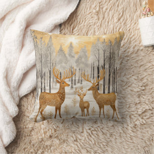 Deer Gold White Winter Snow Cushion