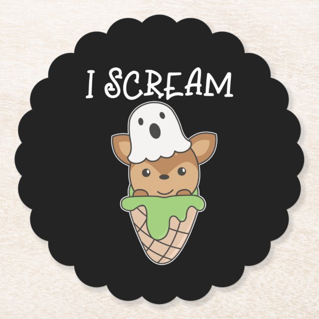 Deer Halloween Ghost I Scream Ice Cream Pun Paper Coaster (Front)