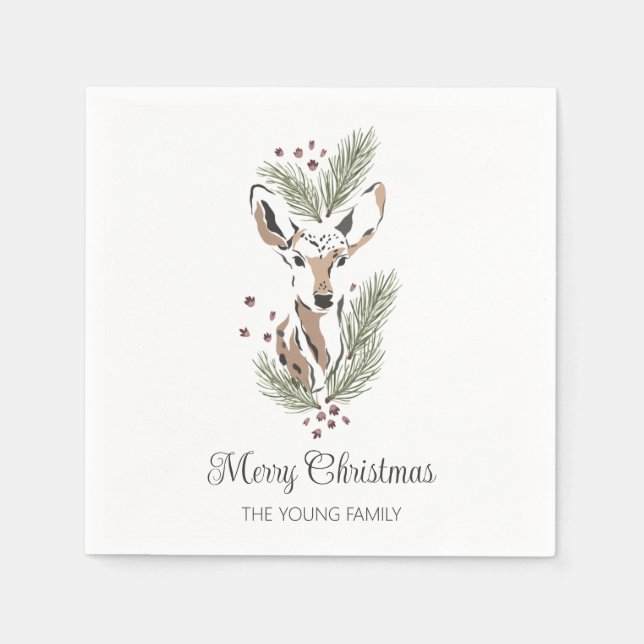 Deer head botanical Christmas Personalised Napkin (Front)