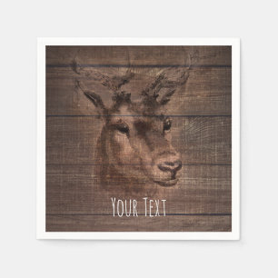 Deer Head & Dark Rustic Wood Wedding Party Napkin