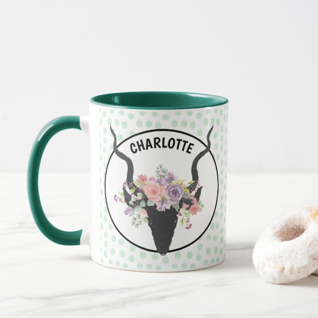 Deer head decorated with roses personalised  mug (With Donut)