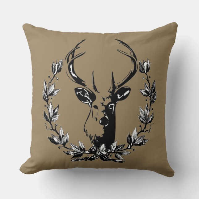 Deer Head in Laurel Leaves Cushion (Front)