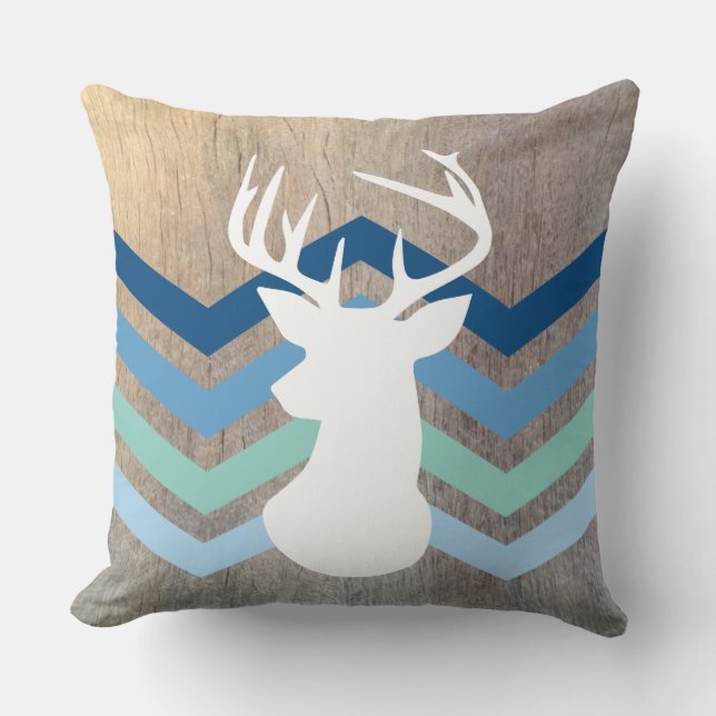 Deer Head Modern Chevron Wood Texture Blue Cushion (Front)