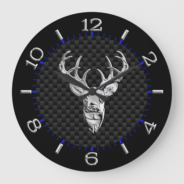 Deer Head on Carbon Fibre Style Print Large Clock (Front)