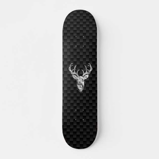 Deer Head on Carbon Fibre Style Print Skateboard (Front)