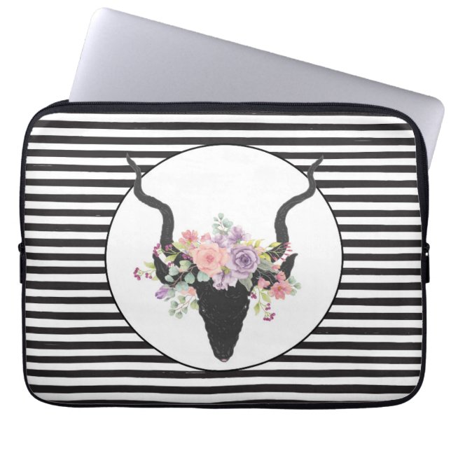 Deer head silhouette decorated with roses  laptop sleeve (Front)