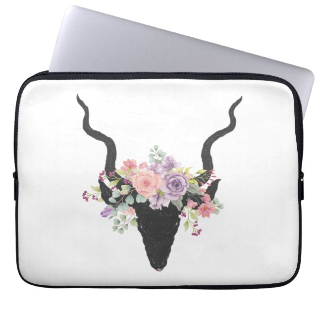 Deer head silhouette decorated with roses  laptop sleeve (Front)