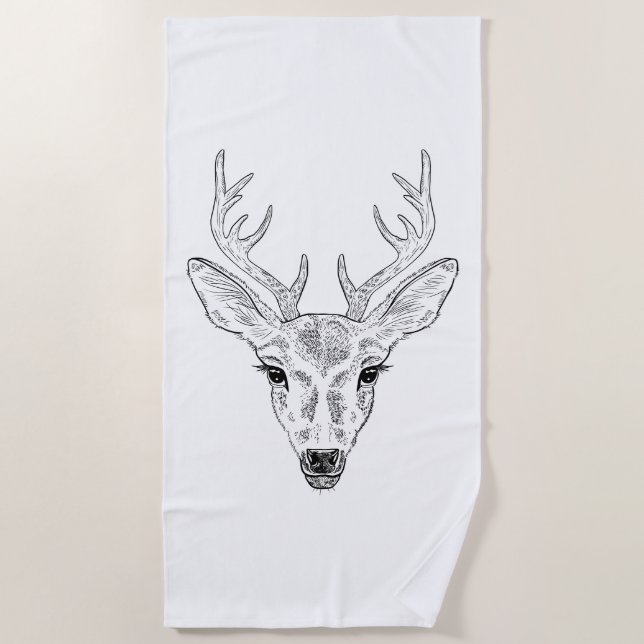 Deer Head - Simple Line Art Sketch Illustration Beach Towel (Front)
