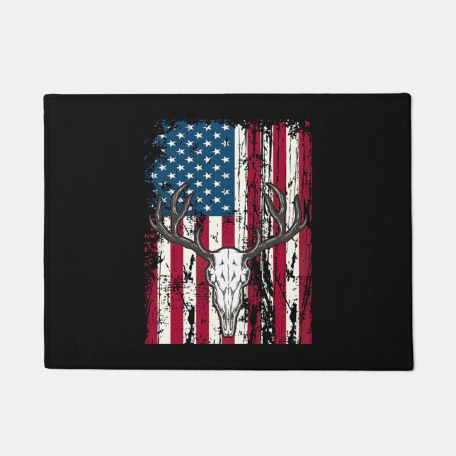 Deer Head Skull Hunting American Flag Doormat (Front)