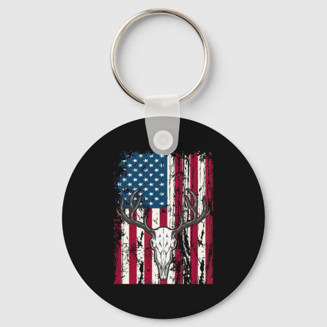 Deer Head Skull Hunting American Flag Key Ring (Front)