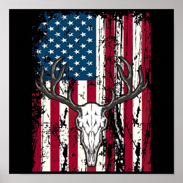 Deer Head Skull Hunting American Flag Poster (Front)