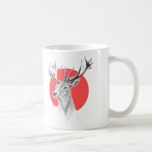 Deer head Stag drawing Red circle Animal art Coffee Mug