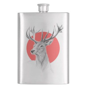 Deer head Stag drawing Red circle Animal art Hip Flask