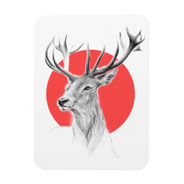 Deer head Stag drawing Red circle Animal art Magnet (Vertical)