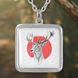 Deer head Stag drawing Red circle Animal art Silver Plated Necklace<br><div class="desc">Deer head drawing and red circle in the background. Graphite pencil sketch with digital colour. Artistic and elegant gift for animal lovers. • You can customise it - resize/rotate image, add text and more, or transfer it to another product :) • • • I'd be happy to see a photo...</div>