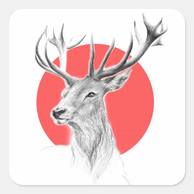 Deer head Stag drawing Red circle Animal art Square Sticker (Front)