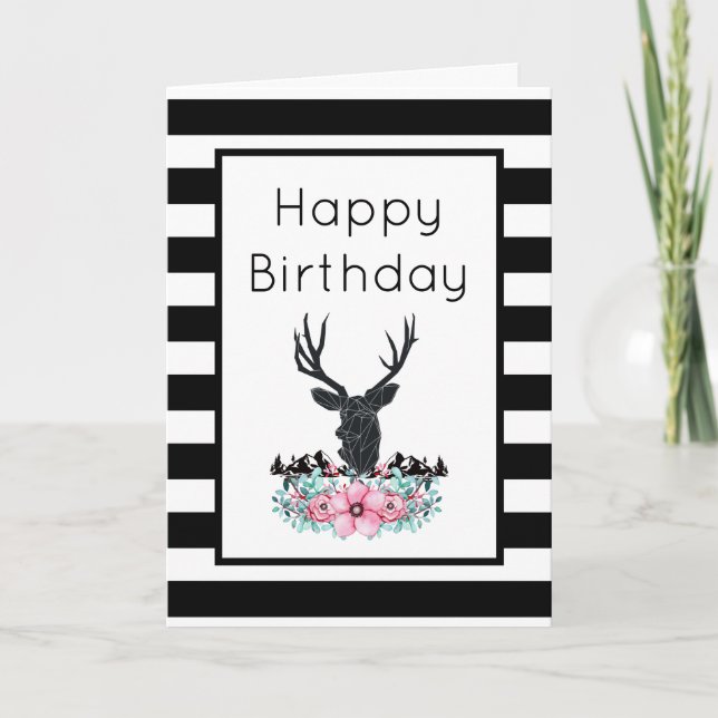 Deer Head w/ Flowers & Mountains Birthday Card (Front)