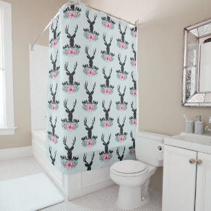 Deer Head w/ Flowers & Mountains Pale Blue Back Shower Curtain