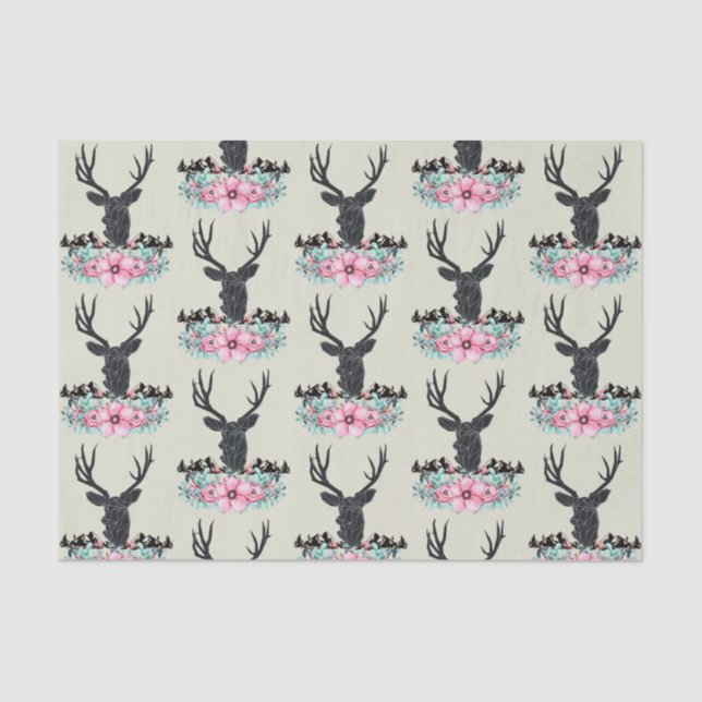 Deer Head w/ Flowers & Mountains Pattern Tissue Paper (Front)