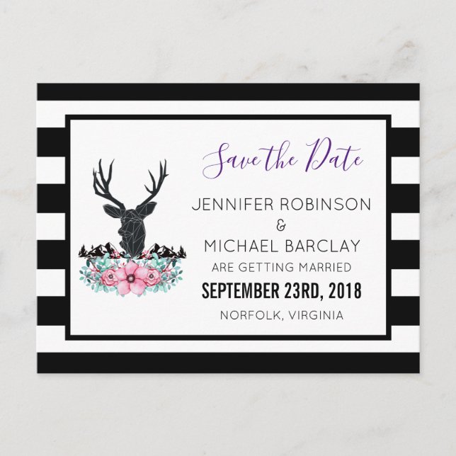 Deer Head w/ Flowers & Mountains Save the Date Announcement Postcard (Front)