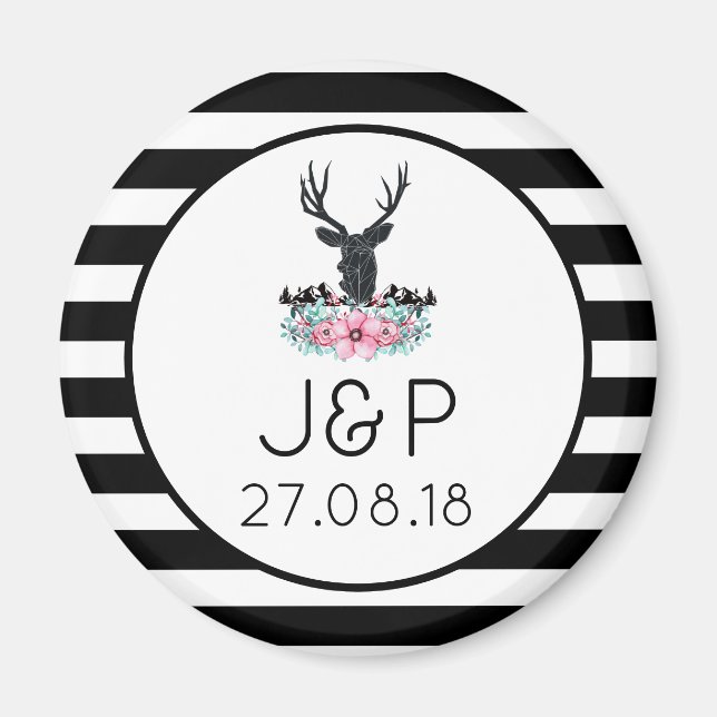 Deer Head w/ Flowers & Mountains Wedding Date Magnet (Front)