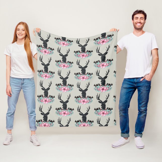 Deer Head w/ Pink Flowers & Mountains Pattern Fleece Blanket (In Situ)
