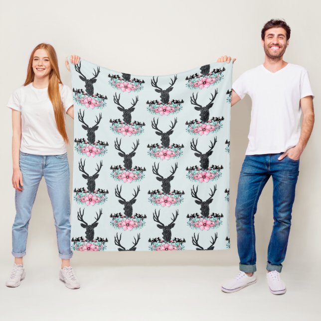 Deer Head w/ Pink Flowers & Mountains Pattern Fleece Blanket (In Situ)
