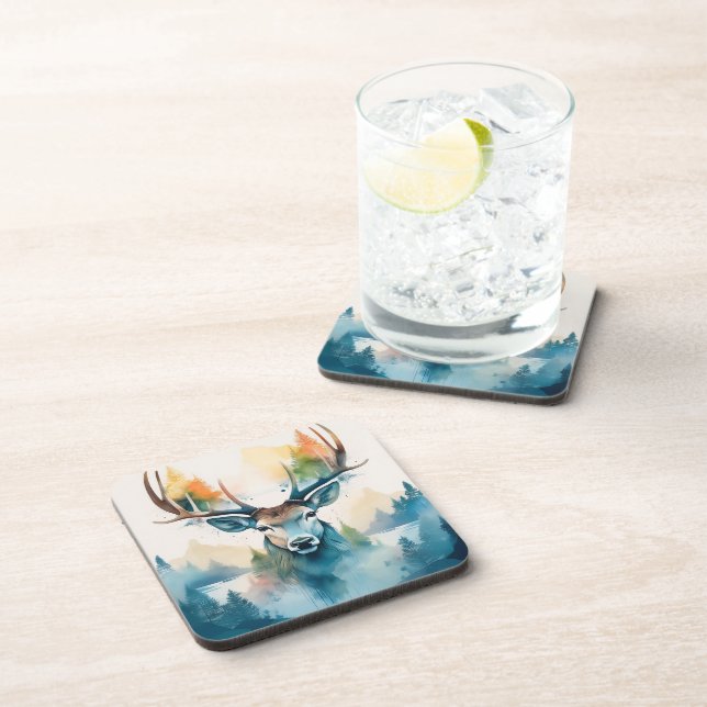 Deer head with antlers and forest trees coaster (Right Side)