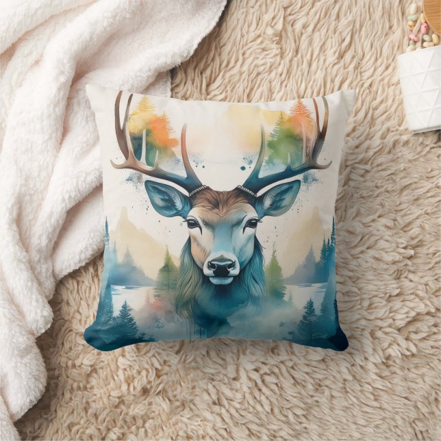 Deer head with antlers and forest trees cushion (Blanket)
