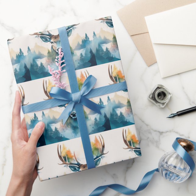 Deer head with antlers and forest trees wrapping paper (Gifting)