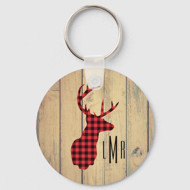 Deer Head with Antlers on Faux Wood Key Ring (Front)