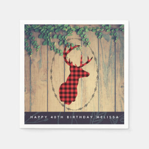 Deer head with Antlers - Red Plaid Rustic Birthday Napkin