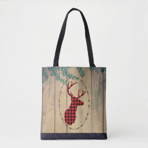 Deer head with Antlers - Red Plaid Rustic Tote Bag