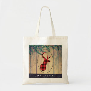 Deer head with Antlers - Red Plaid Rustic Tote Bag
