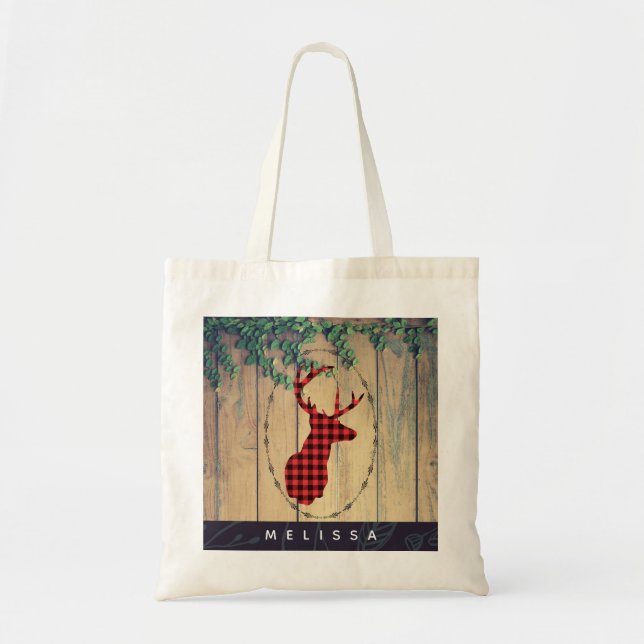 Deer head with Antlers - Red Plaid Rustic Tote Bag (Front)